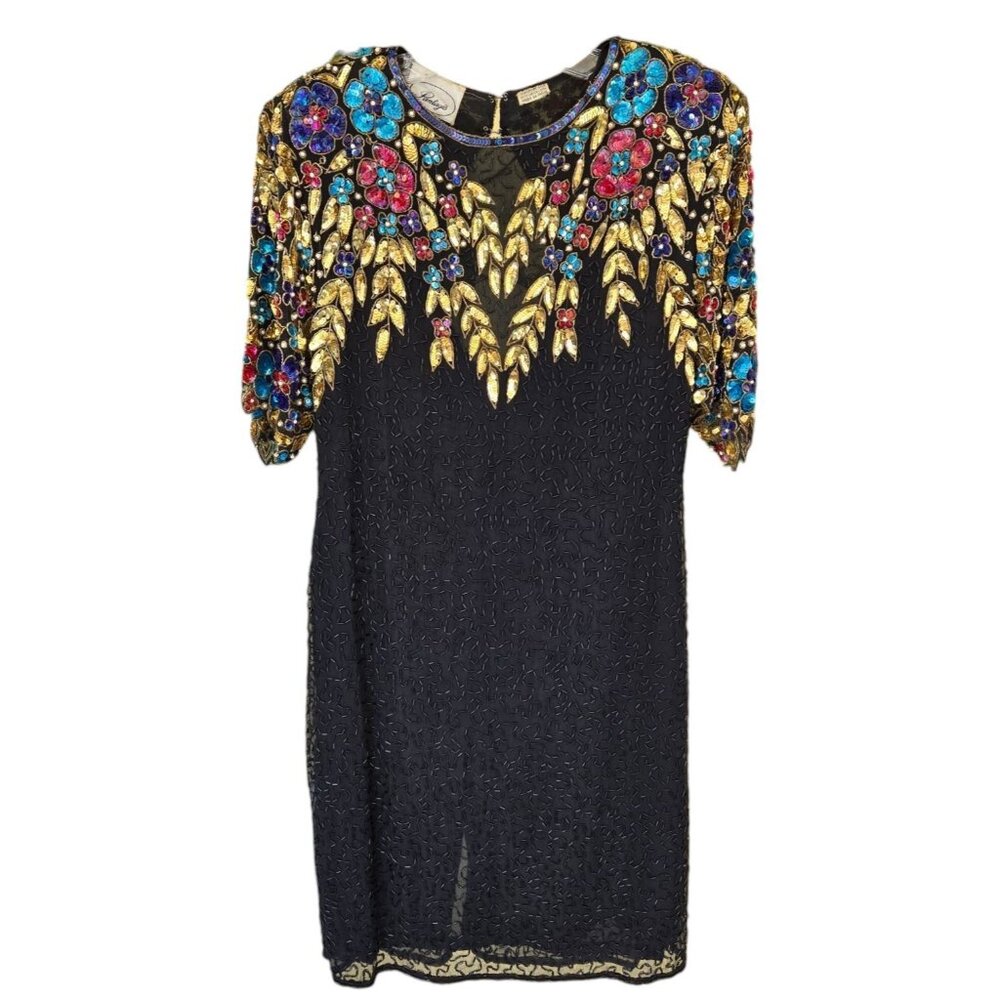 Pantagis 80s Multicolor Sequin Beaded Cocktail Dress Black Silk Vintage
